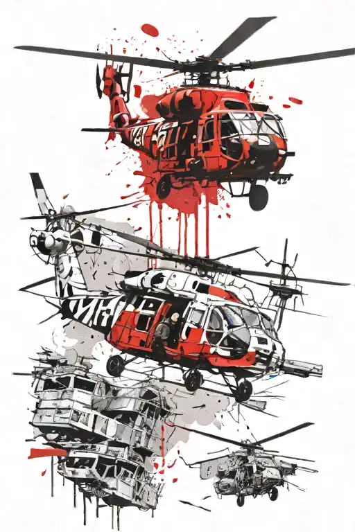 Blackhawk helicopter rescuing soldiers from battlefield tattoo design idea