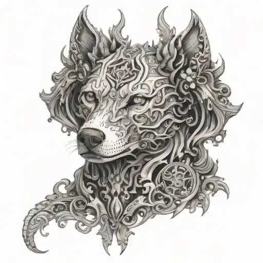 Fuse elements from Elden Ring and dogs to create a fantasy creature tattoo tattoo design idea