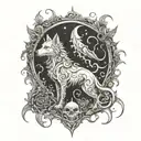 Fuse elements from Elden Ring and dogs to create a fantasy creature tattoo tattoo design idea