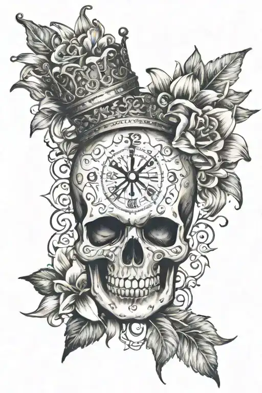 time piece, lily flower, day of the dead skull wearing a crown tattoo design idea