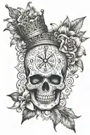 time piece, lily flower, day of the dead skull wearing a crown tattoo design idea