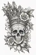 time piece, lily flower, day of the dead skull wearing a crown tattoo design idea