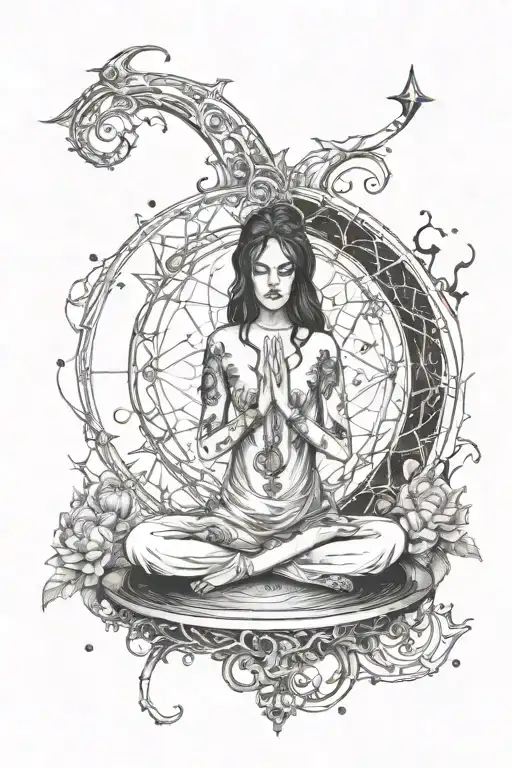 Celestial scene of a cosmic female meditating in a tranquil space setting tattoo design idea