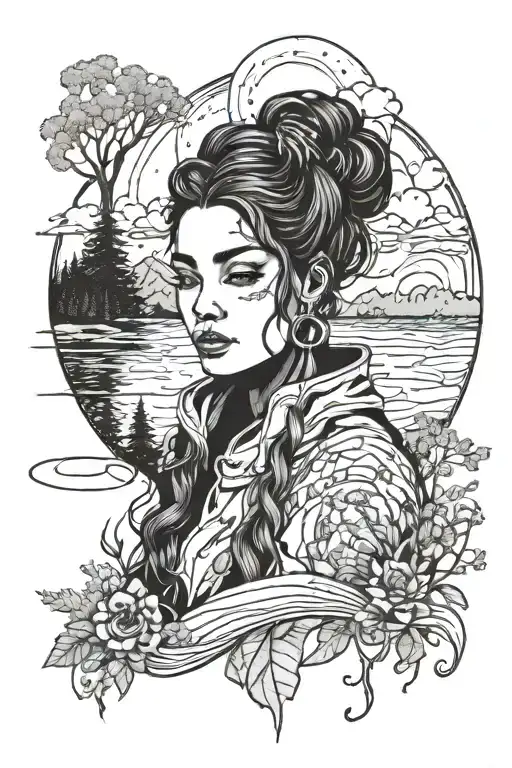 Cosmic female counselor surrounded by nature and lakes tattoo design idea