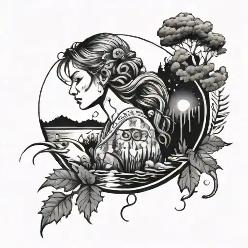 Cosmic female counselor surrounded by nature and lakes tattoo design idea