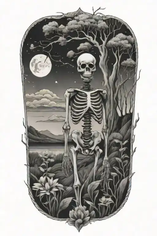 A serene nature scene with a hidden cosmic female skeleton as part of the landscape tattoo design idea
