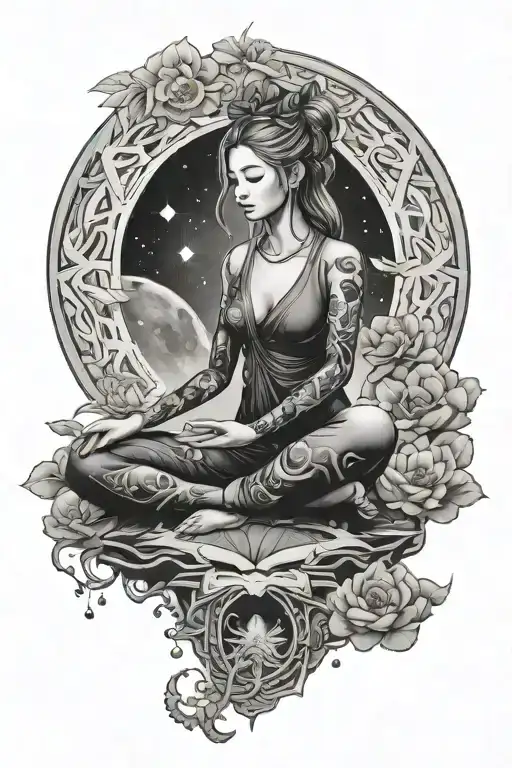 Celestial scene of a cosmic female meditating in a tranquil space setting tattoo design idea