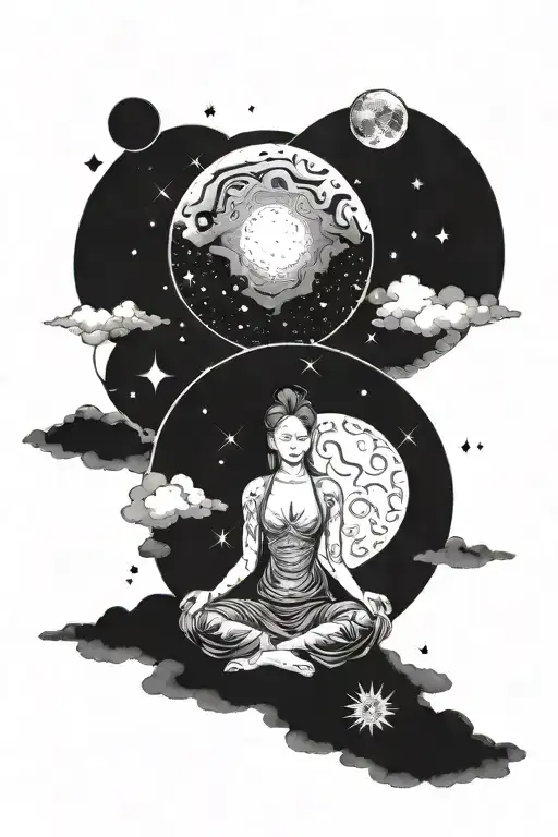 Celestial scene of a cosmic female meditating in a tranquil space setting tattoo design idea