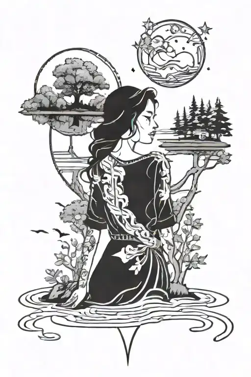 Cosmic female counselor surrounded by nature and lakes tattoo design idea