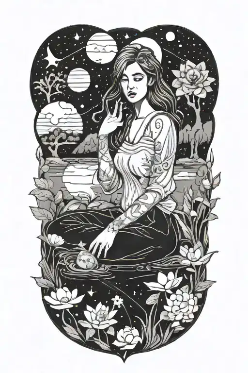 Cosmic female counselor surrounded by nature and lakes tattoo design idea