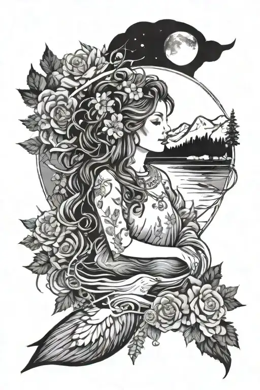 Cosmic female counselor surrounded by nature and lakes tattoo design idea