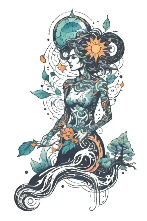 Cosmic female counselor surrounded by nature and lakes tattoo design idea