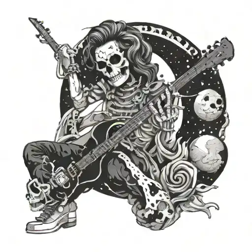 A cosmic rock music scene with a female skull playing the guitar tattoo design idea