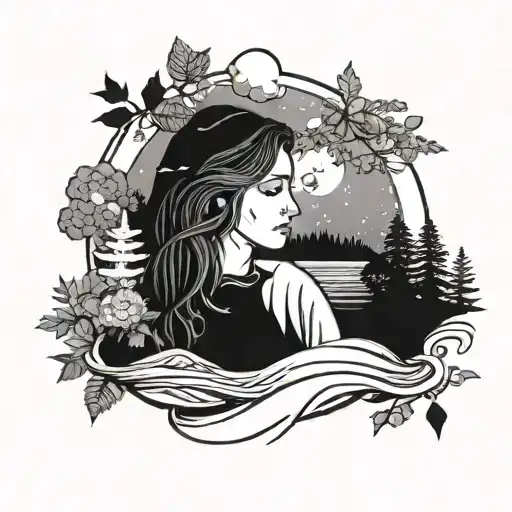 Cosmic female counselor surrounded by nature and lakes tattoo design idea
