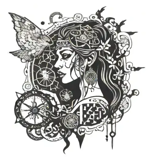 A female rock goddess with a grunge twist, surrounded by Nordic symbols and spiritual elements tattoo design idea