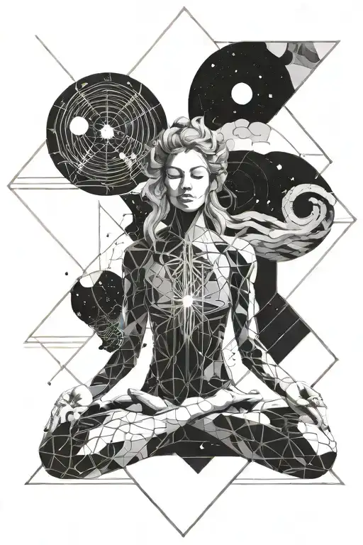 Celestial scene of a cosmic female meditating in a tranquil space setting tattoo design idea