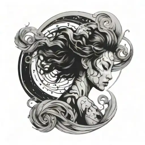 An ethereal cosmic female surrounded by swirling brushstrokes tattoo design idea