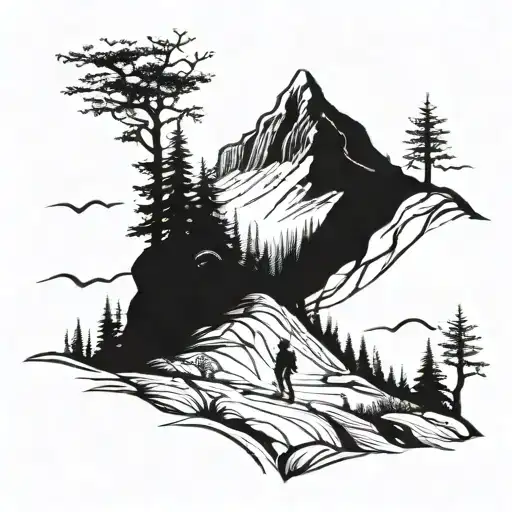 A mystical forest scene with a silhouette of a person hiking towards a glowing mountain peak, symbolizing spiritual growth through nature exploration tattoo design idea