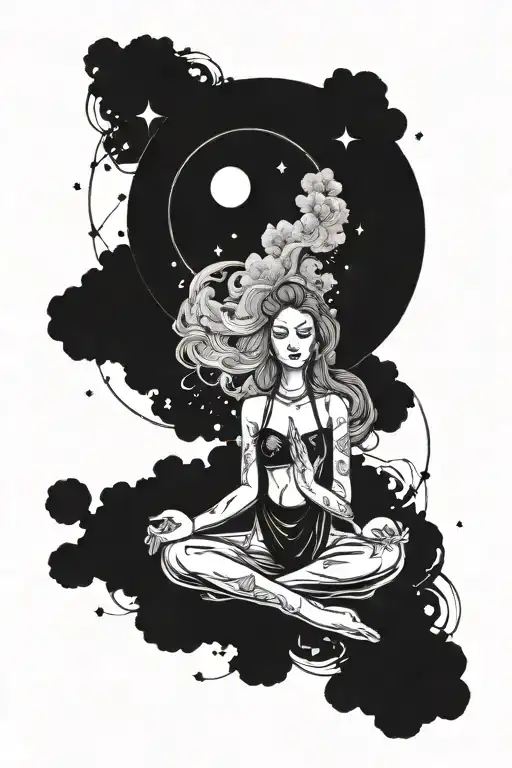 Celestial scene of a cosmic female meditating in a tranquil space setting tattoo design idea