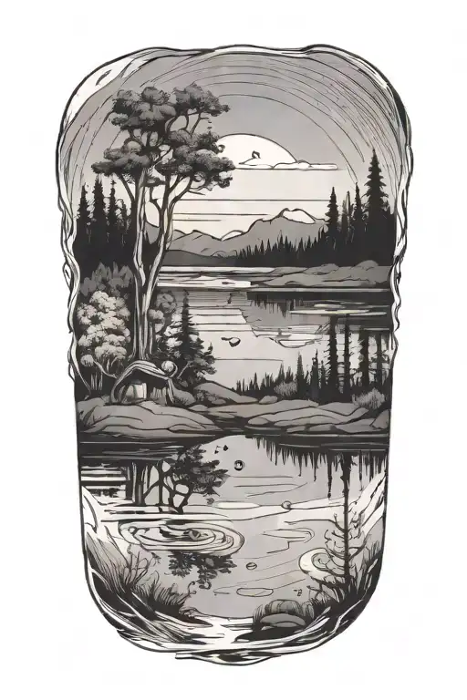 A serene lake reflecting the image of a vinyl record spinning, blending the client's love for nature and rock music tattoo design idea