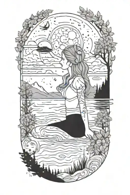 Cosmic female counselor surrounded by nature and lakes tattoo design idea