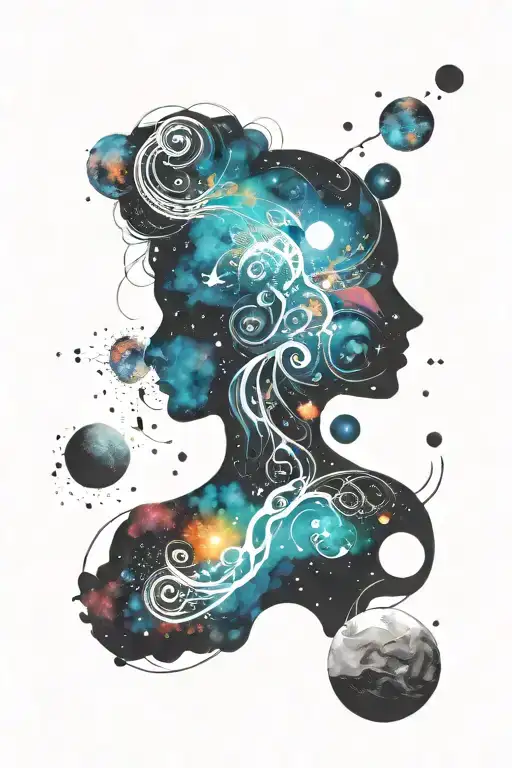 Celestial scene of a cosmic female meditating in a tranquil space setting tattoo design idea
