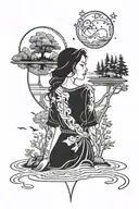 Cosmic female counselor surrounded by nature and lakes tattoo design idea