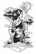 Cosmic female counselor surrounded by nature and lakes tattoo design idea