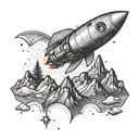 A retro space rocket flying over a mountain range, representing the exploration of both outer space and the natural world tattoo design idea