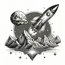 A retro space rocket flying over a mountain range, representing the exploration of both outer space and the natural world tattoo design idea