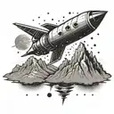 A retro space rocket flying over a mountain range, representing the exploration of both outer space and the natural world tattoo design idea