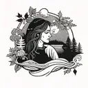 Cosmic female counselor surrounded by nature and lakes tattoo design idea