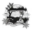 Cosmic female counselor surrounded by nature and lakes tattoo design idea