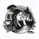 Cosmic female counselor surrounded by nature and lakes tattoo design idea