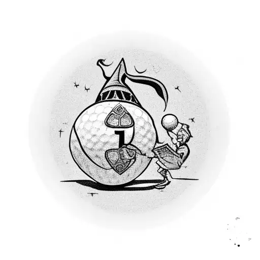 A wizard casting a spell on a golf ball with the numbers 116 and 227 incorporated, surrounded by American symbols tattoo design idea