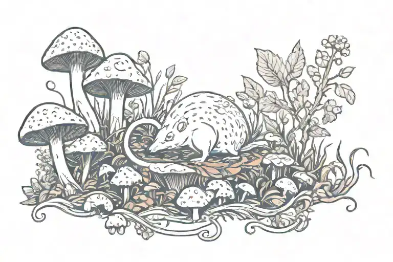 A whimsical yet eerie design featuring a mischievous rat surrounded by enchanting mushrooms and plants, with a touch of horror-inspired details like cobwebs or skulls tattoo design idea