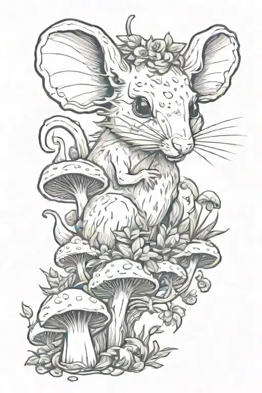 A whimsical yet eerie design featuring a mischievous rat surrounded by enchanting mushrooms and plants, with a touch of horror-inspired details like cobwebs or skulls tattoo design idea