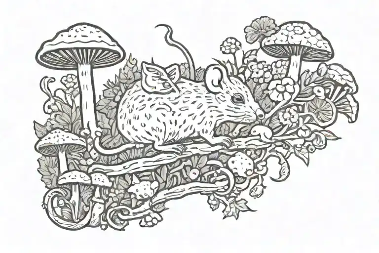 A whimsical yet eerie design featuring a mischievous rat surrounded by enchanting mushrooms and plants, with a touch of horror-inspired details like cobwebs or skulls tattoo design idea