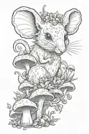 A whimsical yet eerie design featuring a mischievous rat surrounded by enchanting mushrooms and plants, with a touch of horror-inspired details like cobwebs or skulls tattoo design idea