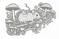 A whimsical yet eerie design featuring a mischievous rat surrounded by enchanting mushrooms and plants, with a touch of horror-inspired details like cobwebs or skulls tattoo design idea