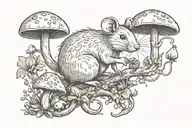 A whimsical yet eerie design featuring a mischievous rat surrounded by enchanting mushrooms and plants, with a touch of horror-inspired details like cobwebs or skulls tattoo design idea