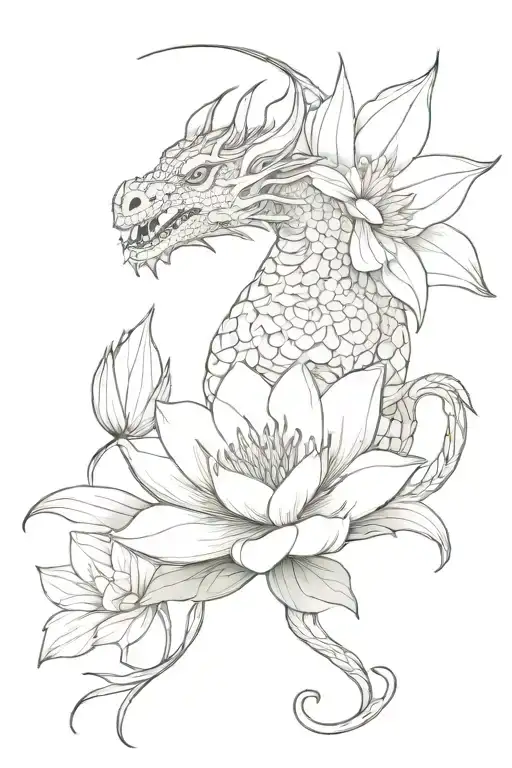 dragon with water lily and larkspur flower tattoo design idea