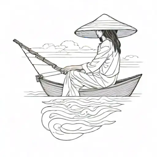 a silloette of a young girl with a Vietnamese hat on a Vietnamese fishing boat with no background  tattoo design idea