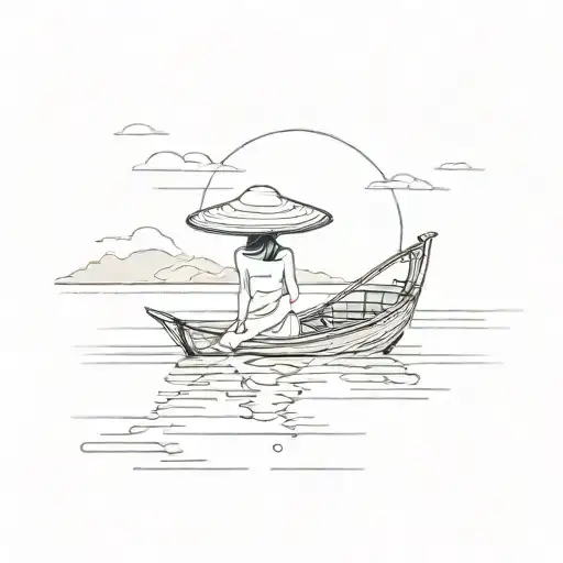a silloette of a young girl with a Vietnamese hat on a large Vietnamese river boat in the distance with no background  tattoo design idea