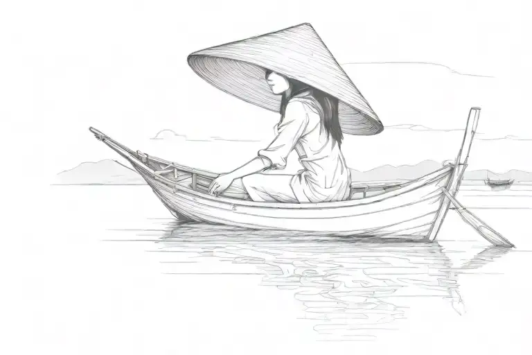 an abstract drawing of a  vietnamese girl with a vietnamese  hat on a vietnamese fishing boat in the distance  tattoo design idea