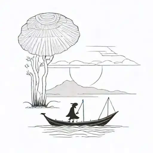 sillouette of a vietnamese boat in the distance with a vietnamese girl wearing a traditional hat on it. tattoo design idea
