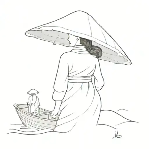 a Vietnamese woman in a traditional Vietnamese dress in a Vietnamese fishing boat facing away with no background  tattoo design idea