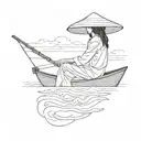 a silloette of a young girl with a Vietnamese hat on a Vietnamese fishing boat with no background  tattoo design idea