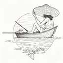 a silloette of a young girl with a Vietnamese hat on a Vietnamese fishing boat with no background  tattoo design idea
