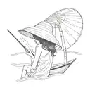 a silloette of a young girl with a Vietnamese hat on a Vietnamese fishing boat with no background  tattoo design idea